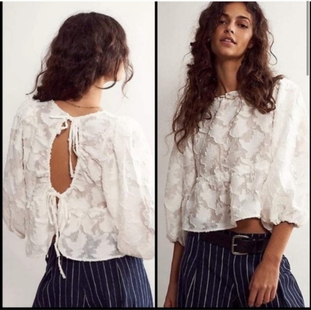 Free People Callie Puff Sleeve Applique White Top Size XS